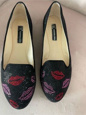 INC International Concepts Black Crystal Loafers with Red & Pink Lip Accents